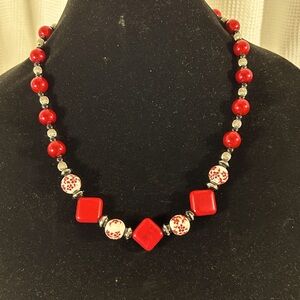 Red beads, silver, and black beads, floral porcelain beads necklace